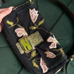 Extremely Rare Vintage Fendi Baguette Embroidered Floral Shoulder Bag